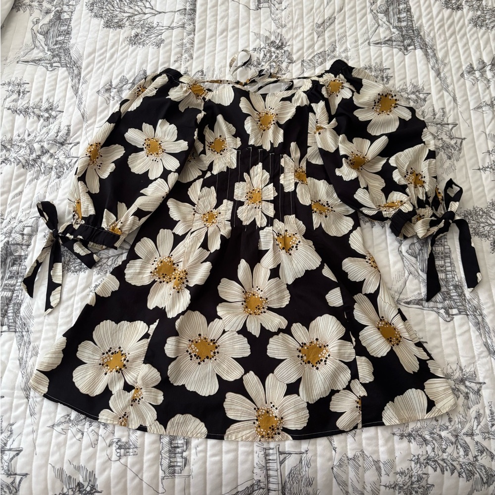 Umgee Black Daisy Floral Flowy Puff Sleeve Mini Dress Women’s Size M